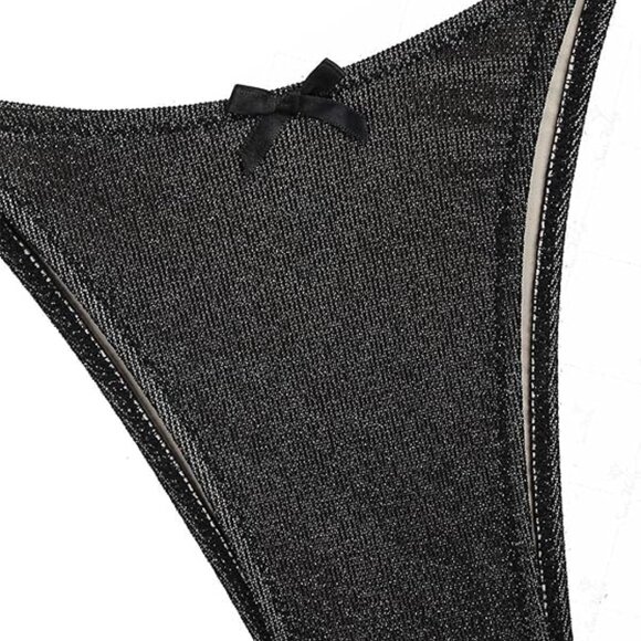 seamoly Lurex Glitter Sparkly Lace Trim Bowknot Decor Tie Side Tankini Set,Black - Picture 5 of 6
